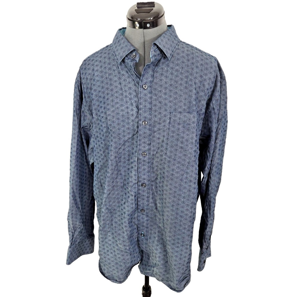 Tommy Bahama Mens Blue Grey Geometric Honeycomb Long Sleeve Button Down Shirt